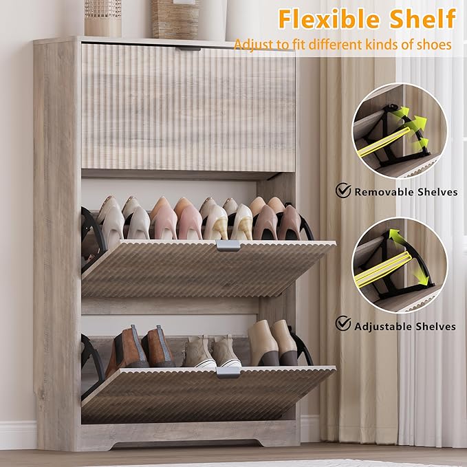 Entryway Shoe Cabinet with 3 Flip Drawers, Narrow Shoe Organizer Cabinet with Fluted Panel and Adjustable Shelves for Foyer, Hallway