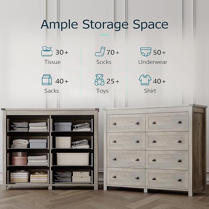 Dresser for Bedroom with 8 Drawers, Farmhouse Wood Chest of Drawers, Wide TV Stand Closet Storage Furniture with Metal Handle, Modern Clothes Organizer for Hallway, Living Room, Entryway, Light Grey