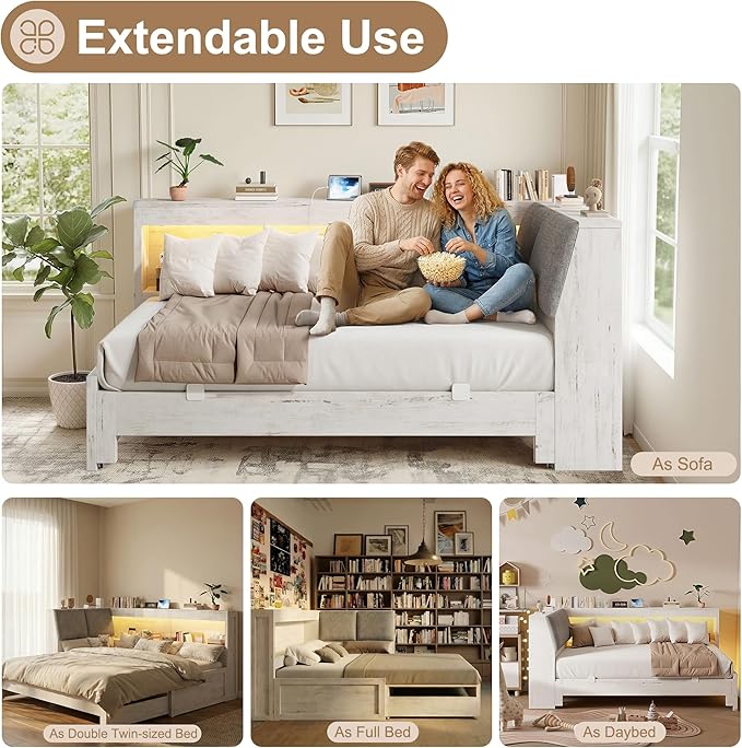 Corner Bed Frame with Extendable Trundle Bed and Bookcase Upholstered Headboard, 3-in-1 Twin Size Wood Daybed with LED Lights and Charging Station, for Bedroom, Guest Room, White
