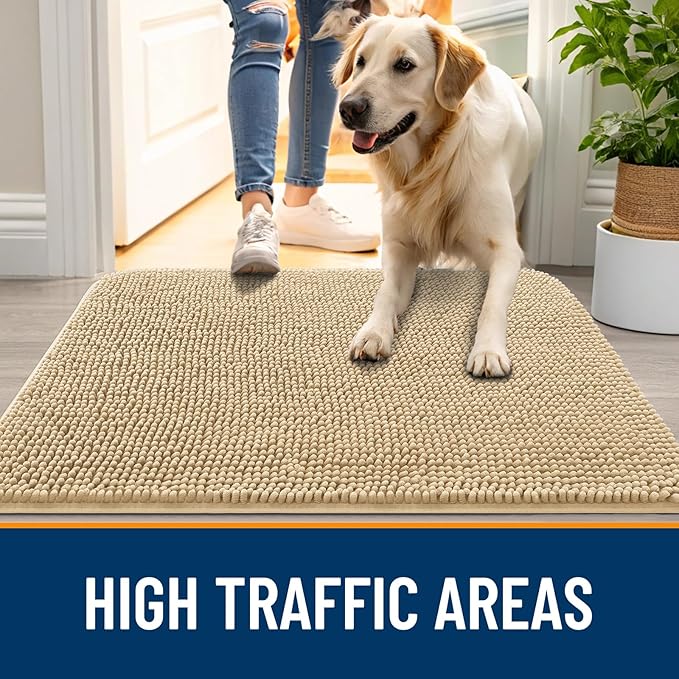 OLANLY Dog Door Mat for Muddy Paws 35x24, Absorbs Moisture and Dirt, Absorbent Non-Slip Washable Doormat, Quick Dry Chenille Mud Mat for Dogs, Entry Indoor Entryway Carpet for Inside Floor, Beige