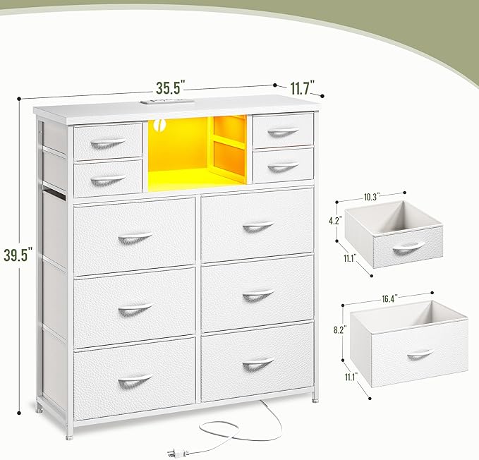 White Dresser for Bedroom with 10 Drawers Featuring LED Light and Power Outlet, Fabric Dressers & Chest of Drawers with Open Shelves for Hallway, Living Room, Steel Frame,Wood Top