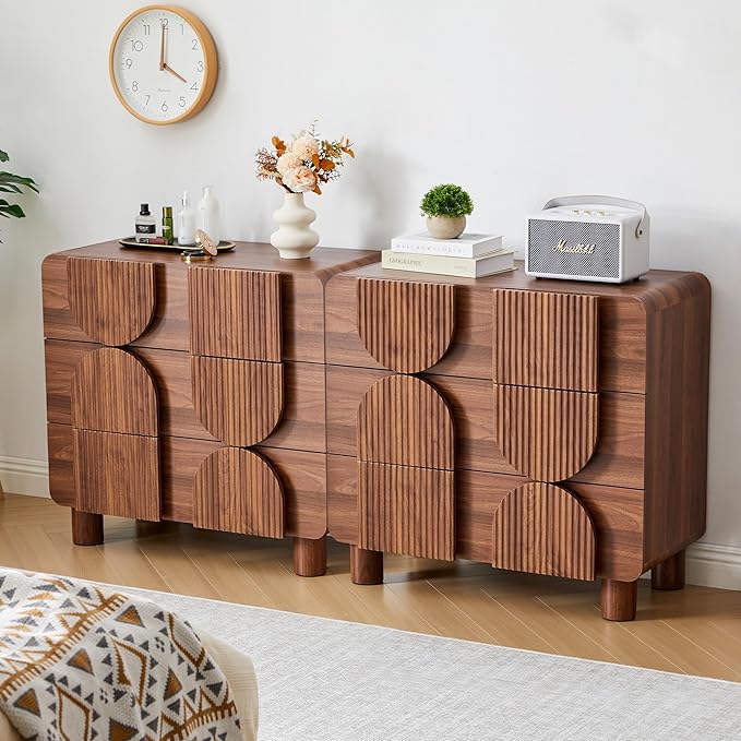 3 Drawer Dressers for Bedroom, 31.5" Wide Large Mid Century Modern Fluted Nightstand 2 Sets, Wood Dresser & Chest of Drawers with Curved Profile for Living Room, Entryway, Hallway Walnut