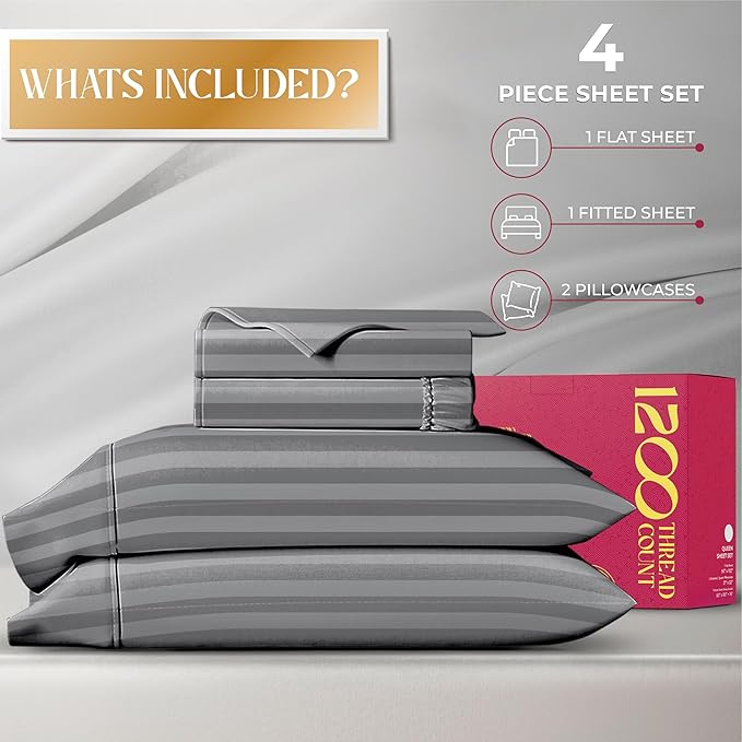 Mayfair Linen 100% Egyptian Cotton Sheets Queen Size - 1200 Thread Count 4 PC Damask Queen Sheet Set Egyptian Cotton, Sateen Luxury Sheet, High Thread Count Sheets, 17" Deep Pocket - Dark Grey Stripe