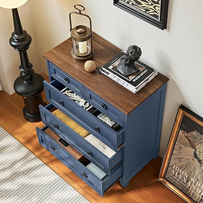 Farmhouse 5 Drawer Dresser for Bedroom Set of 2, 33.2" Tall Small Dressers & Chest of Drawers, Rustic Wood Dresser with Metal Handle, Storage Organizer Closet for Living Room, Hallway,Entryway