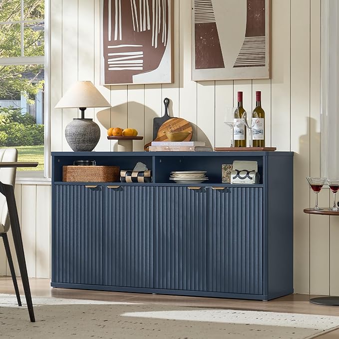 LEYAOYAO Fluted Buffet Cabinet with Storage, 55" Wide Wood Sideboard Credenza with 4 Doors & Open Storage Shelf, Modern Kitchen Console Accent Cabinets, Coffee Bar Table for Dining Room, Dark Blue