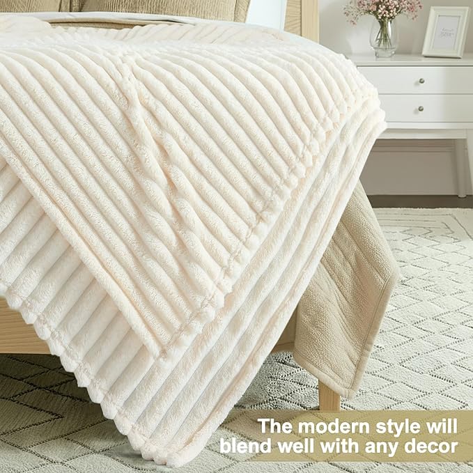 decorUhome Christmas Soft Fleece Cream White Blanket Queen Size for Bed, Cozy Fluffy Plush Flannel Large Striped Throws for Couch Sofa, Lightweight Decorative Fuzzy Blanket for Woman, 90x90 Inches