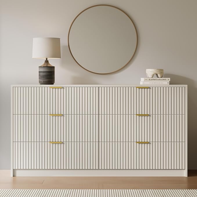6 Drawer Dresser for Bedroom, 55" Wide Modern Chest of Drawers with Gold Metal Handles, Fluted Wood TV Stand for Living Room, Hallway(Beige)