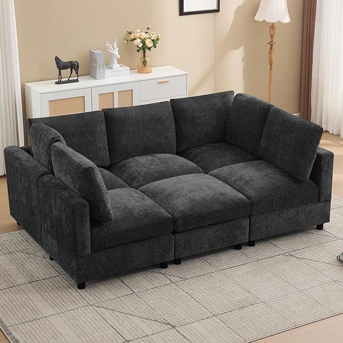 89'' Modular Sectional Cloud Sofa Bed, 6-Seater Convertible Sofa Couch with Ottoman, Modern Deep Seat Sleeper Sofa for Living Room, Chenille Dark Grey