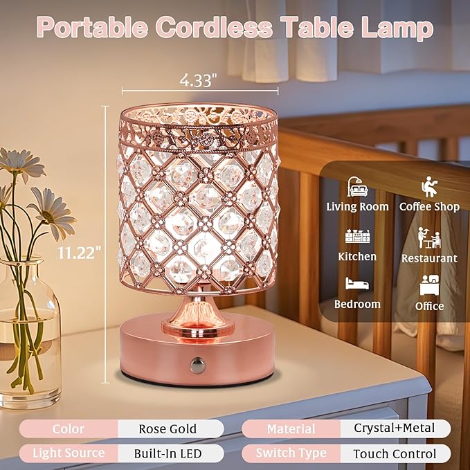 TOBUSA Crystal Cordless Table Lamp Rechargeable, Portable 6000mAh Battery Operated Lamp with 3 Color Temps & Stepless Dimming, Bedside Touch Small Desk Lamp, Rose Gold LED Night Light for Bedroom Bar