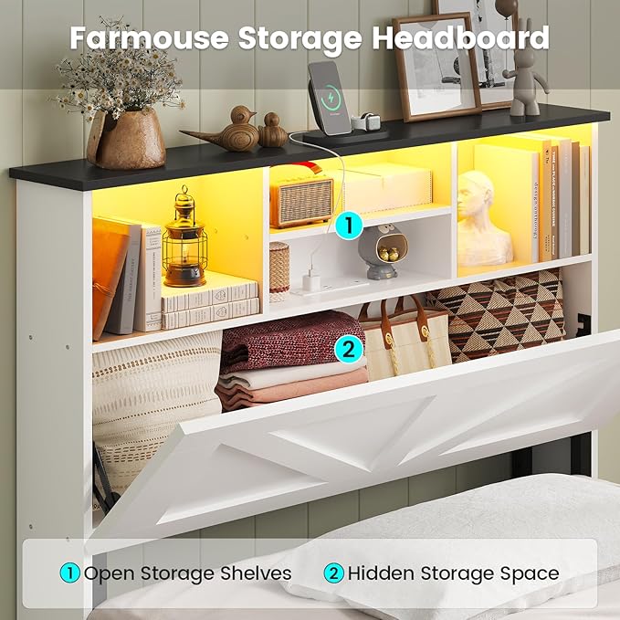 AOGLLATI Farmhouse Twin Bed Frame with 4 Storage Drawers and Charging Station,Wooden Led Twin Bed with Storage Hidden Space Headboard and Metal Slats,No Spring Box Needed,White