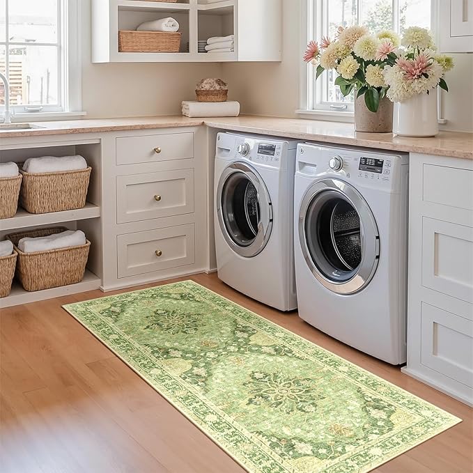 Area Rugs 2'x6' Washable Non-Slip, Floral Vintage Distress Print Pattern Medallion Carpet for Living Room Bedroom Dining Room, Sage Green Yellow
