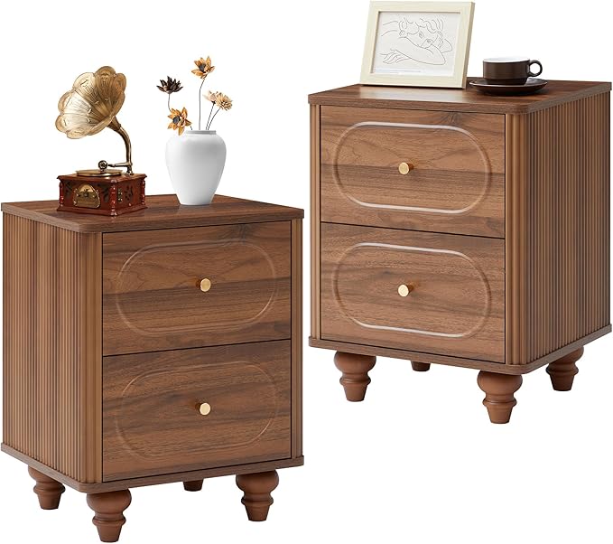 ORRD 2 Drawer Fluted Mini Small Dresser for Bedroom Set of 2, Mid Century Modern Nightstand Bedside End Table, Wood Storage Dresser Organizer for Bedroom Living Room, Walnut