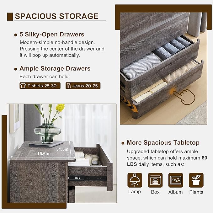 ACCOHOHO Modern 5 Drawer Dresser for Bedroom, 42" Tall Wooden Dressers with Large Storage,Handleless Chest of Drawers for Living Room & Hallway, Curved Profile Design, Grey
