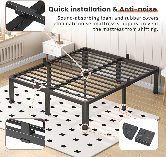 14 Inch King Heavy Duty 3500 lbs Bed Frame with Round-Corner Legs & Anti-Squeak Design – Quick Assembly Metal Platform, No Box Spring Needed