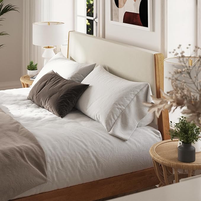 DG Casa Vandermark Solid Wood Easy Install Full Bed Frame with Unique Headboard and Wooden Slat Support Included No Box Spring Required - Beige Walnut