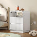 Dresser with 2 Drawers and Charging Station, Fluted Bedside Table with Round Curved Corner, Hidden Handles, 2 AC Outlets and 2 USB Ports, Modern Wood End Table with Open Shelf for Bedroom