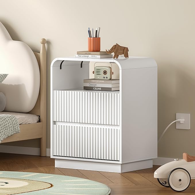 Dresser with 2 Drawers and Charging Station, Fluted Bedside Table with Round Curved Corner, Hidden Handles, 2 AC Outlets and 2 USB Ports, Modern Wood End Table with Open Shelf for Bedroom