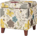 Adeco 18 Inch High Cube Ottoman Storage, Floral Printed Linen Chair Foot Stools, Upholstered Vanity Stool with Hinged Lid, Solid Wood Legs