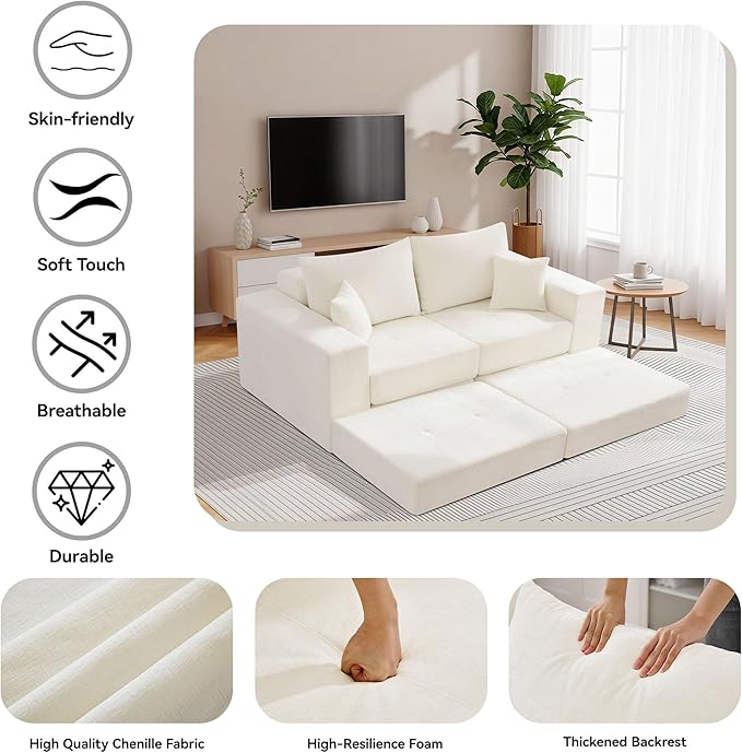 Boneless Sectional Loveseat Couch with Ottoman, Convertible Tufted Button Modular Floor Sleeper Sofa Bed, Comfy Foldable Compression Love Seat Sofa for Living Room, No Assembly, Beige