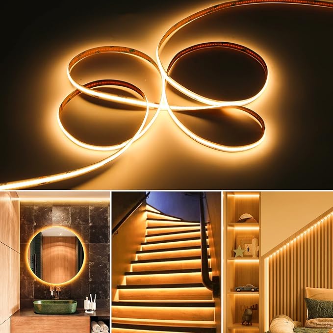 PAUTIX COB LED Strip Light,LED Lights 16.4ft,UL Listed Warm White 2700K Dotless Strip Lights,CRI93+ Super Bright Dimmable 24V Flexible Tape Light with RF Remote,for Cabinets,Kitchen Office Lighting