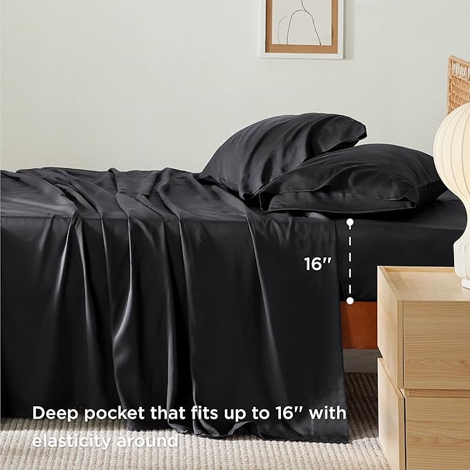 Bedsure King Size Sheet Set, Cooling Sheets King, Rayon Derived from Bamboo, Deep Pocket Up to 16", Breathable & Soft Bed Sheets, Hotel Luxury Silky Bedding Sheets & Pillowcases, Black