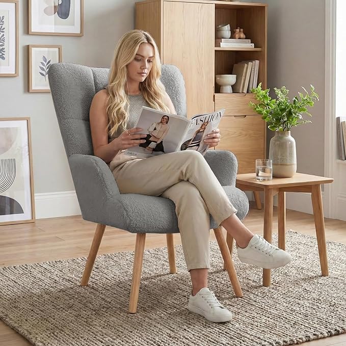 Joysoul Modern Accent Chair, High Back Arm Chair with Wood Legs Sofa Seat Teddy Fleece Fabric Reading Chair for Living Room Bedroom Waiting Room (Light Gray)