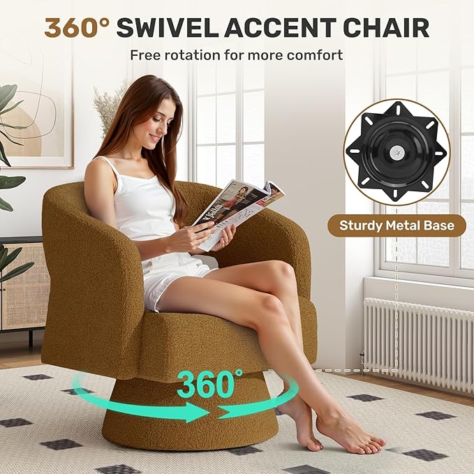 Swivel Accent Chair Set of 4, Modern Comfy Teddy Barrel Chairs, Oversized Upholstered Round Arm Chair for Living Room, Bedroom, Reading Room, Brown