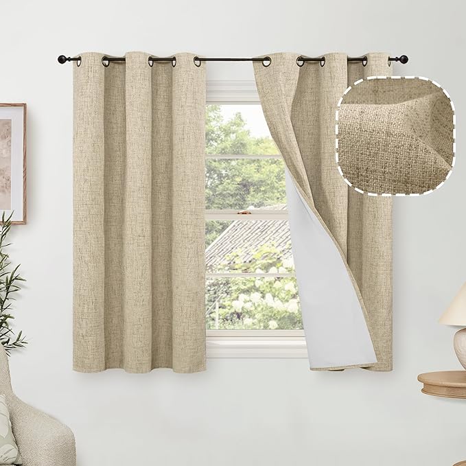 45 Inch Length Linen Blackout Curtains for Short Cafe Window, Thermal Insulated Light Blocking Soundproof Privacy Burlap Curtains 2 Panels, Each 38 Inch Wide Burlap