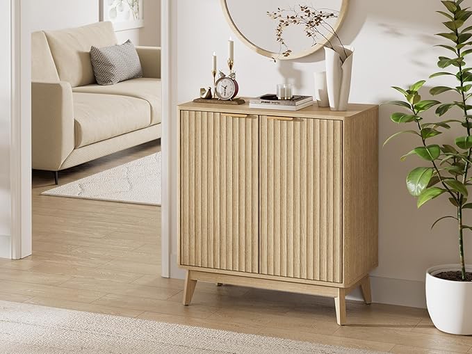 Sideboard Cabinet, Small Buffet Cabinet, Modern Fluted Storage Cabinet with Adjustable Shelf & Doors, Accent Credenza Sideboard for Kitchen, Coffee Bar, Living Room, Entryway, Hallway