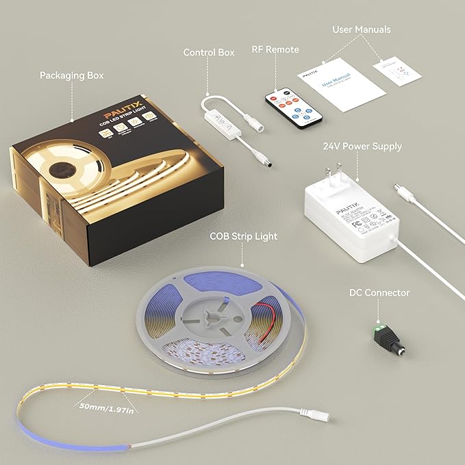 PAUTIX COB LED Strip Lights with RF Remote,UL Listed Dotless LED Lights Dimmable 3000K Warm White,Super Bright 32.8ft Flexible 24V LED Tape Light,for Kitchen Cabinets,Bed,Office Stairs Indoor Lighting