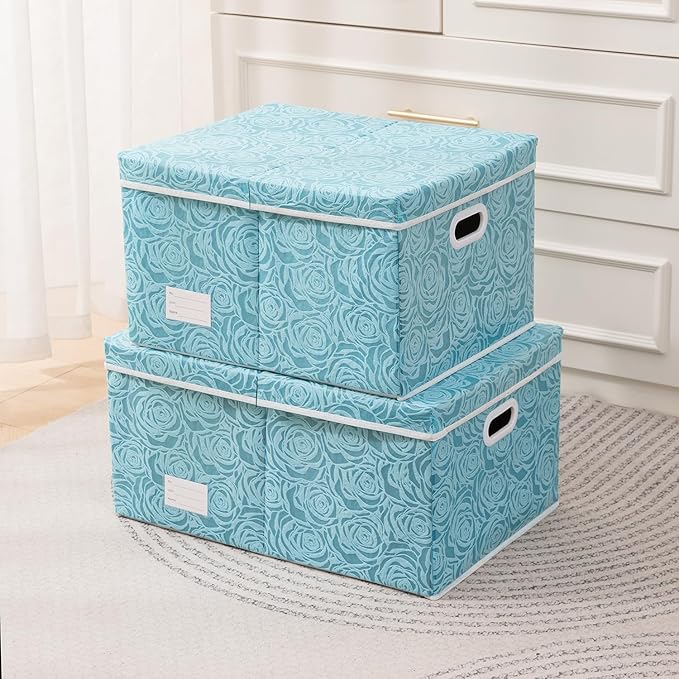 PRANDOM Jumbo Collapsible Storage Cubes with Lids Fabric Decorative Storage Bins Boxes Organizer Baskets with Cover Handles for Bedroom Closet Living Room 23.2x15.7x11.8 Inch 3 Pack
