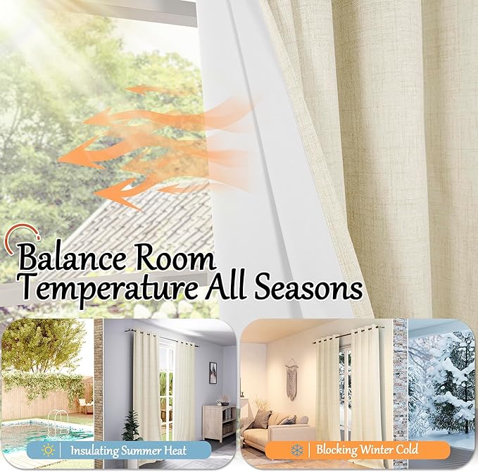 Linen Blackout Curtains 54 Inch Length 2 Panels for Bedroom, Thermal Insulated Total Light Blocking Noise Reducing Window Curtains for Farmhouse, Bronze Grommet, Cream, Each 52" Wide
