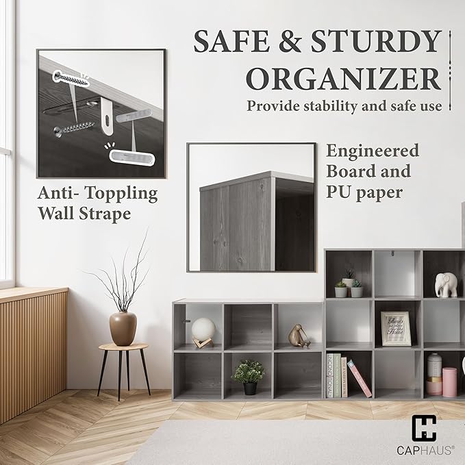 CAPHAUS Sturdy Room 11-Inch Cube Storage Organizer Shelf, with Thick Exterior Edge, Storage Shelf Divider w/Back, Bookcase, 8-Cube, Greige Oak