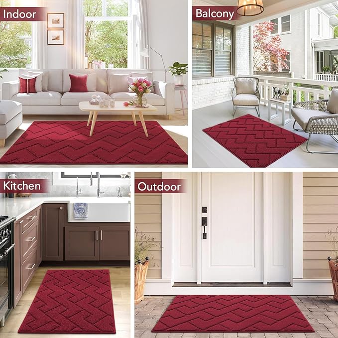 hicorfe Front Door Mat Outside Entrance,24"x35" Absorbent Muddy Dirt Resist Welcome Door Mats Outdoor Indoor,Stain and Fade Resistant,Non Slip Backing Entry Mat Doormat for Entryway (Red)