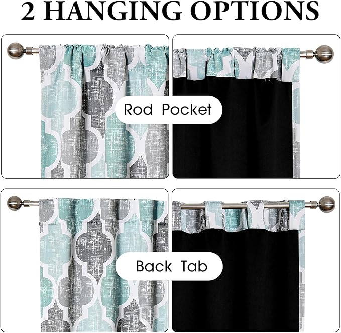 Beauoop 100% Blackout Curtains 96 Inches Long 2 Panels for Bedroom Living Room Aqua Grey Moroccan Geo Room Darkening Thermal Insulated Soundproof Rod Pocket Back Tab Window Treatments Drapes, 50x96