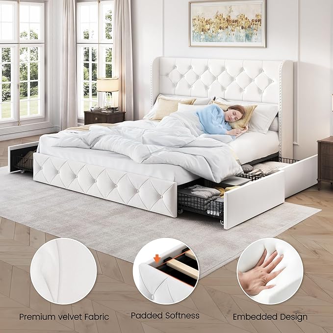 LARMACE Queen Size Bed Frame with 4 Storage Drawers and Wingback Headboard Velvet Upholstered Platform Bed Frame Tufted Beds with Wooden Slats Support, Easy Assembly, White