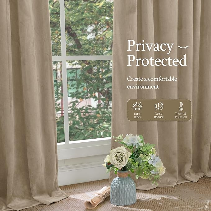 LAMIT Taupe Velvet Curtains 84 Inch for Living Room, Thick Thermal Room Darkening Drapes Elegant Back Tab and Rod Pocket Room Decor Panels for Bedroom/Sliding Glass Door, 2 Panels, 52 x 84 Inch