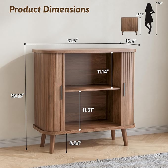 Buffet Cabinet with Storage, Curved-Edge Fluted Storage Cabinet Sideboard, Modern Walnut Sideboard Buffet with Adjustable Shelves & Sliding Door for Dining Room, Kitchen, Entryway