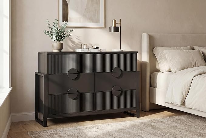 LGHM Fluted Dresser for Bedroom with 6 Drawers, Modern 6 Drawers Dressers with Semicylinder Fluted, Solid Chest of Drawers, 50" W Dresser with Bold Steel Frame, Metal Handles, Black