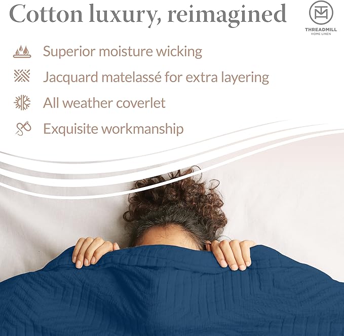 Threadmill Luxury Cotton Blankets for Twin Size Bed | All-Season 100% Cotton Twin Blanket for Bed | Aster Jacquard Lightweight, Soft & Cozy Coverlet, 350GSM, 68 x90 inches | Folkstone Blue