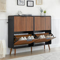 47" Fluted Large Shoe Cabinet with 4 Flip Drawers, Slim Freestanding Shoe Cabinet Organizer, Narrow Shoes Storage Rack for Entryway, 5 Sturdy Legs (Walnut with black, 9.45"D x 47.24"W x 35.83"H)