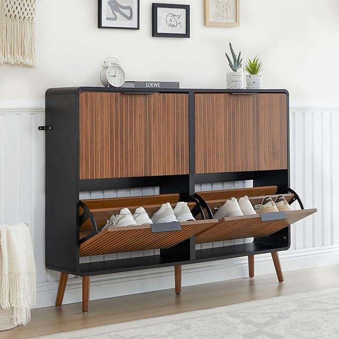 47" Fluted Large Shoe Cabinet with 4 Flip Drawers, Slim Freestanding Shoe Cabinet Organizer, Narrow Shoes Storage Rack for Entryway, 5 Sturdy Legs (Walnut with black, 9.45"D x 47.24"W x 35.83"H)