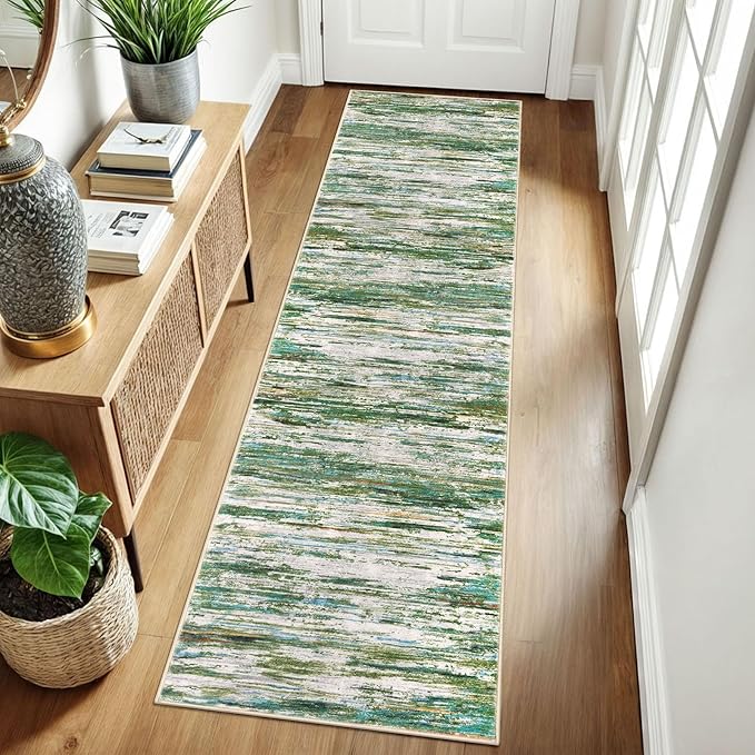 2x8 Modern Abstract Runner Rug for Hallways, Green Grey Multi Super Soft Hallway Decor Kitchen Rugs with Non-Slip, Non-Shedding Washable Rug for Entryway Bedroom Bathroom Laundry Indoor
