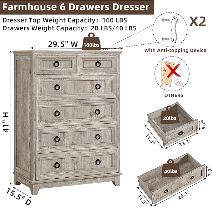 6 Drawer Dressers & Chest of Drawers, 41" Tall Small Dresser for Bedroom, Farmhouse Vintage Oak Dresser with Metal Handle, Storage Organizer Closet for Living Room Entryway Hallway