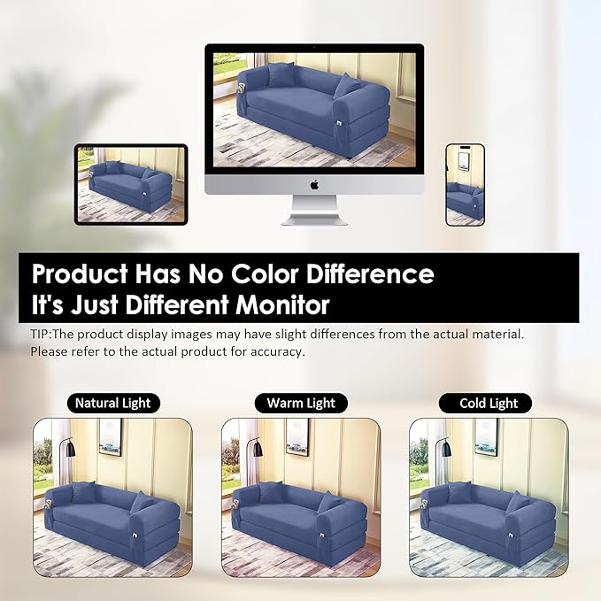 80" Convertible Sofa Bed, Corduroy Deep Seat Folding Pull Out Couch with Pillows, No Assembly Modern Boneless Couch Compression Sofa in Box, Floor Sofa with Storage Pocket,Dark Smog Blue