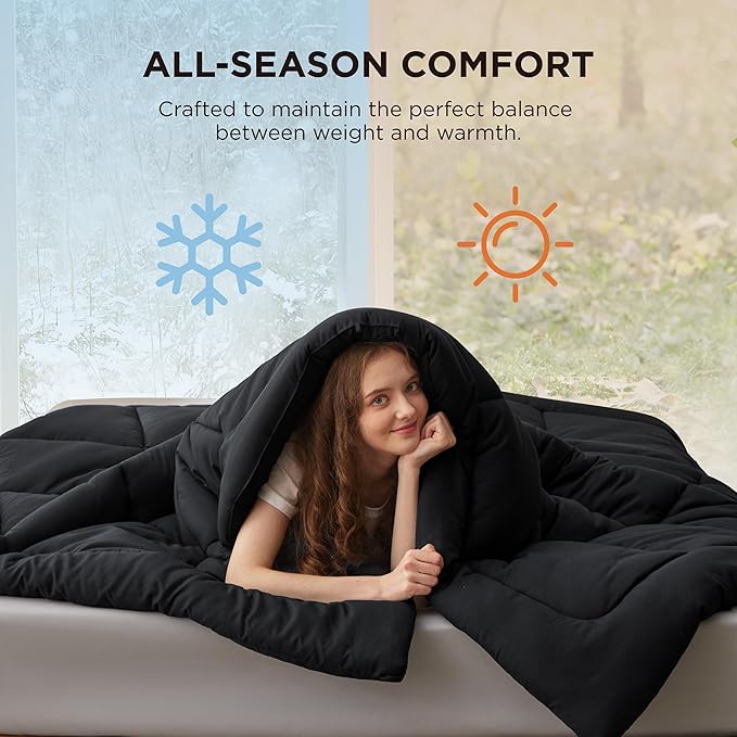 Bedsure Comforter Duvet Insert - Quilted Comforters Oversize Queen Size, All Season Duvet, GentleSoft Down Alternative Bedding, with 8 Tabs, Gifts for Women/Men, Black, Oversize Queen 98 x 98 Inches