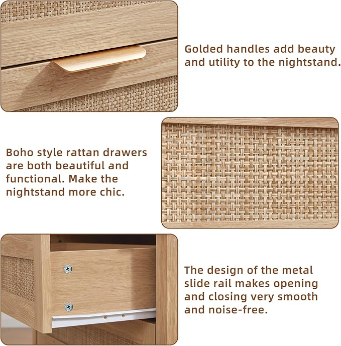 LEYAOYAO 31.5" Wide Rattan Night Stand, Oversized Large Boho Nightstand with 2 Drawer, Natural Wood Bed Side End Tables with Storage Shelf, Tall Bedside Table for Bedroom Living Room, Hallway