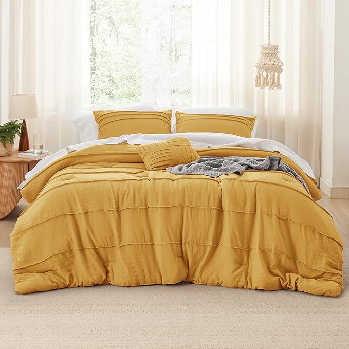 Bedsure Queen Comforter Set - 4 Pieces Pinch Pleat Bed Set, Mustard Yellow Boho Bedding for All Season, 1 Soft Comforter, 2 Pillowcases, 1 Decorative Pillow