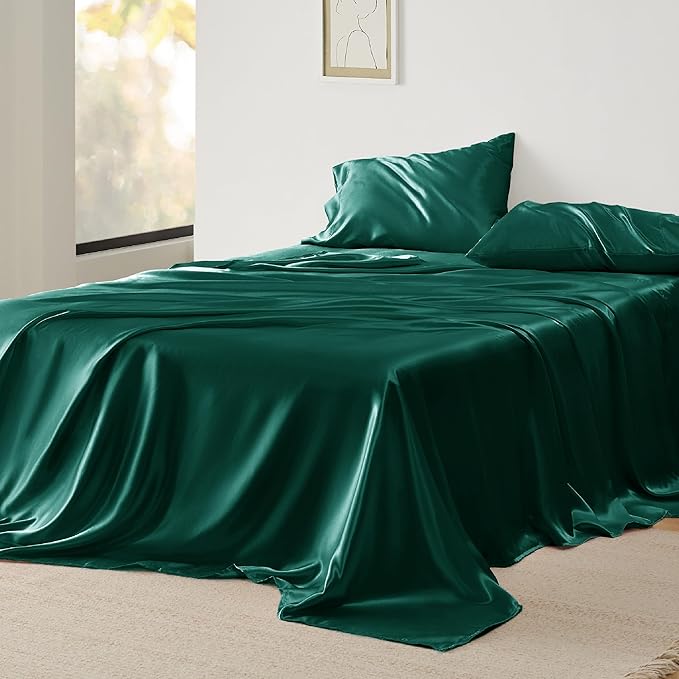 Bedsure Satin Sheets King Size - 4 Piece Silky Bedsheets with 15 Inches Deep Pocket Fitted Bedsheet,1 Flat Sheet, 2 Satin Pillowcases, Good for Hair & Skin (King, Dark Green)