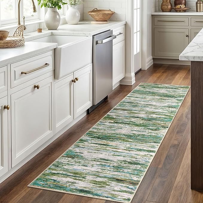 2x6 Modern Abstract Runner Rug for Hallway, Green Grey Multi Super Soft Hallway Decor Kitchen Rugs with Non-Slip, Non-Shedding Washable Rug for Entryway Bedroom Laundry Indoor